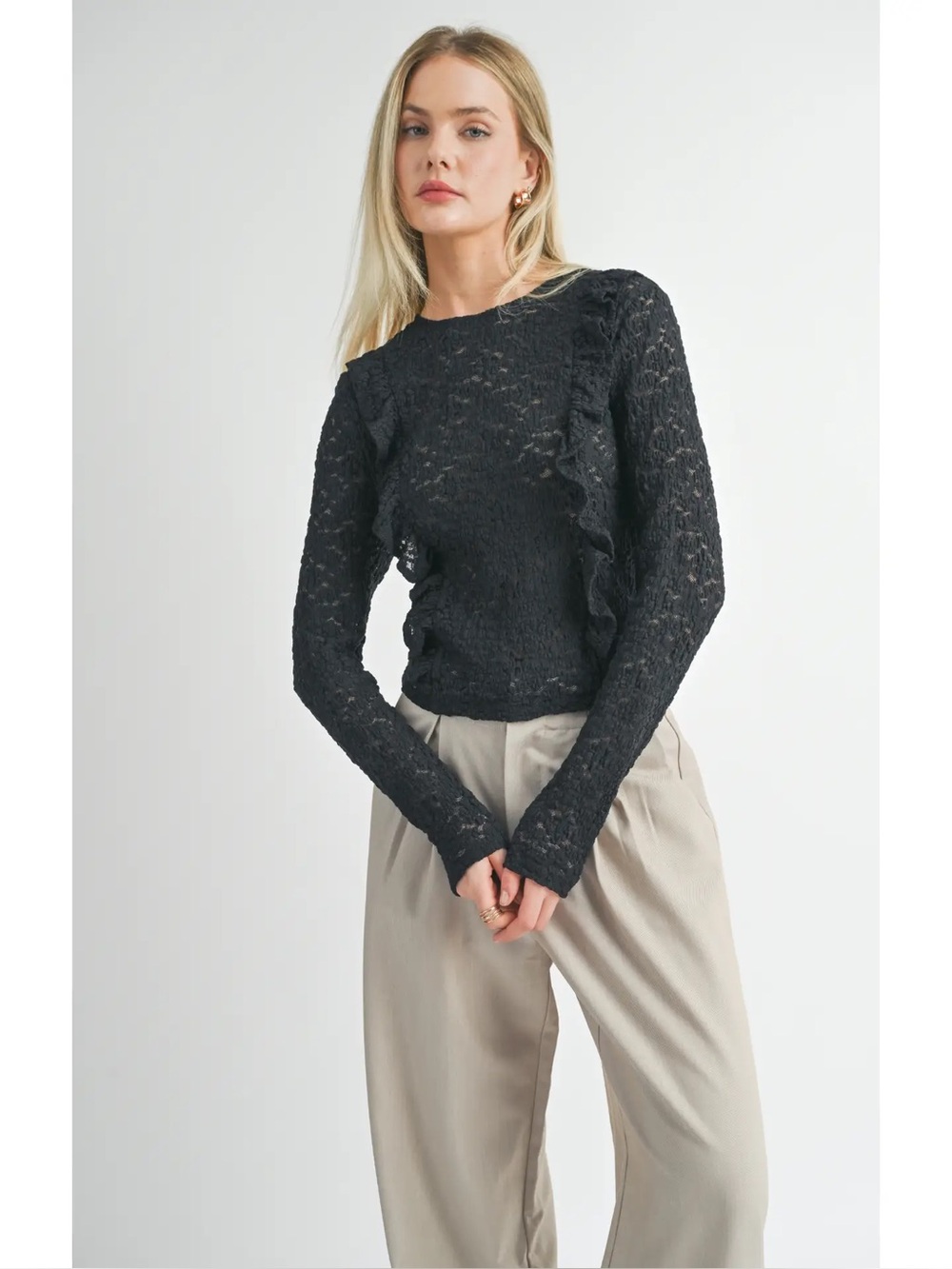 Sage The Label Journey Ruffle Lace Top Black Long Sleeve Blouse LG3262 Womens S